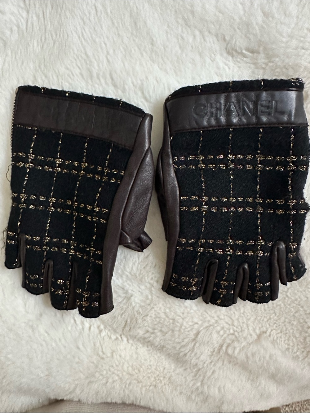 Authentic CHANEL Black Tweed & Brown leather Fingerless Gloves with Gold Accent